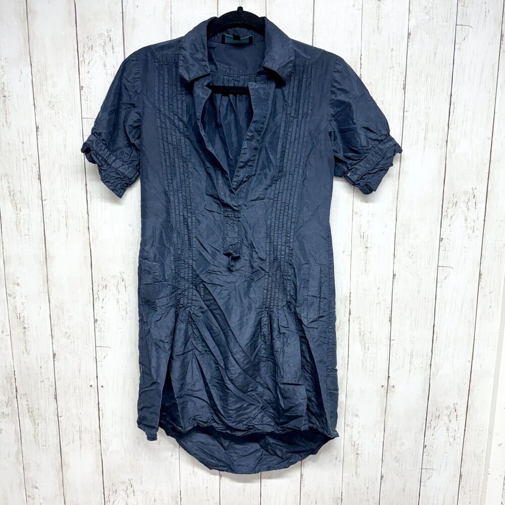 Cynthia Rowley Dress Women Size XS 100% Silk Navy Bleu Short Sleeve Deep V Neck